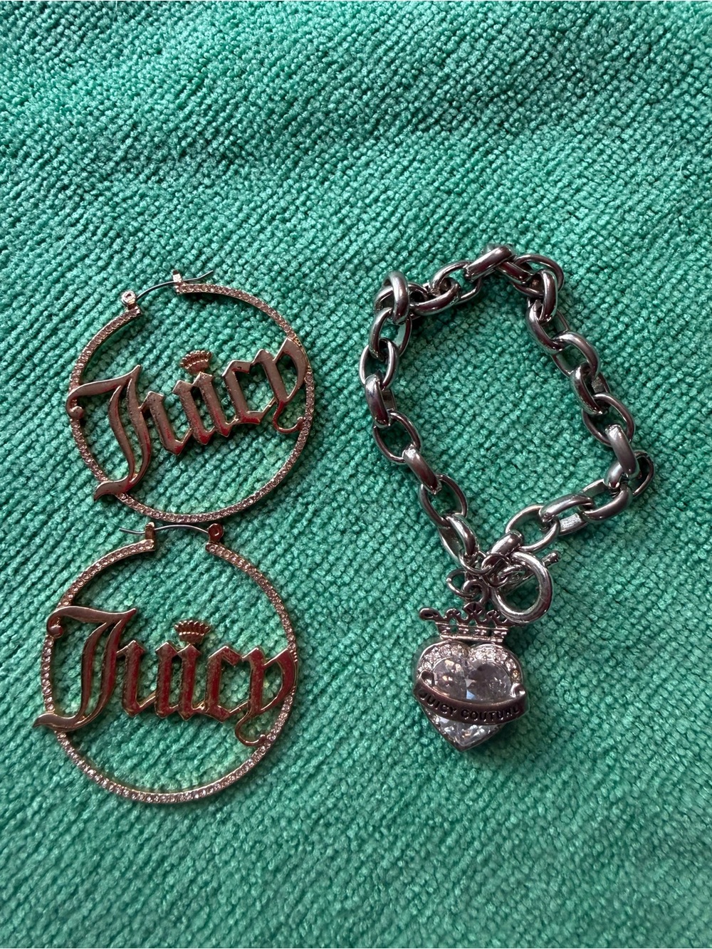 Vintage Juicy Couture Silver-Tone Heart Charm Bracelet and Hoop Logo Earrings